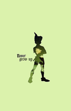小飛俠彼得潘剪影，附有「Never grow up」文字，綠色背景。