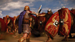 羅馬士兵手持紅色盾牌和劍，在一場血腥的古代戰役中戰鬥。 — 戰爭 壁紙