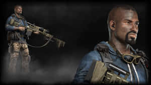 一名身穿戰鬥裝備的士兵在黑暗煙霧環境中手持狙擊步槍。