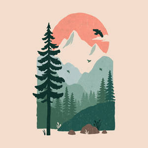 山景，有松樹和鳥兒在粉紅色的太陽下飛翔。