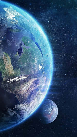 地球與一顆較小的行星在廣闊的星空中閃耀。