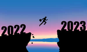 商人在暮色中從2022懸崖跳向2023懸崖。