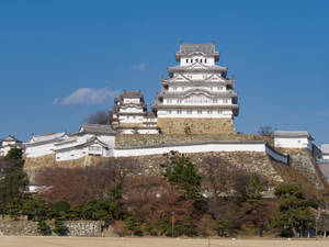 一座歷史悠久的日本城堡，白色牆壁和分層屋頂，位於石山上，天空湛藍。