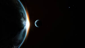 日出時太空中地球和月球與星星