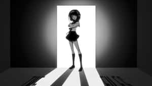 動畫女孩穿著校服，雙臂交叉站在門口，黑白風格。
