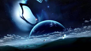 一顆藍色行星和眼睛形狀星雲在星空下漂浮在一個有飛行船隻的景觀之上。