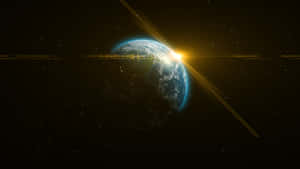 日出時的地球，在星空背景下帶有金色鏡頭光暈。 — 行星 壁紙