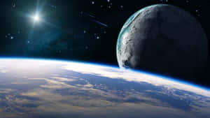 從太空看到的地球，背景中有一顆明亮的恆星和流星。 — 天際線 壁紙