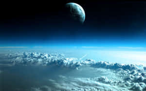 火箭在雲層上方飛行，天空中有藍色行星 — 行星 壁紙