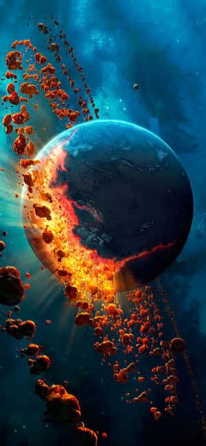 行星在深空中爆炸成熾熱碎片，發出光芒。