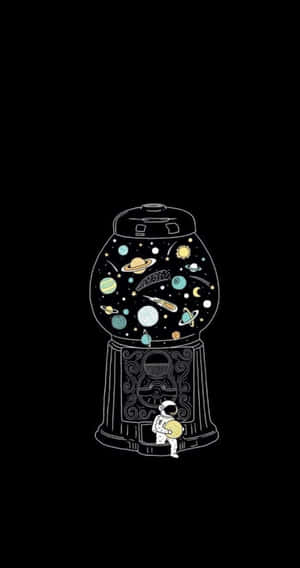 太空人在宇宙扭蛋機前拿著一顆行星。