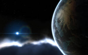 從太空看到的地球，伴隨著一顆明亮恆星和發光的星雲。 — 太空 壁紙