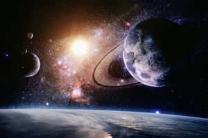 一個宇宙場景，行星環和星星位於行星地平線之上。 — 太空 壁紙