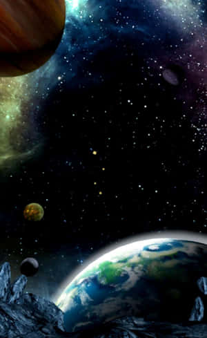 從岩石表面觀看深空中地球及其他行星的景色。 — Galaxy Tab Active5 壁紙