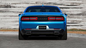 藍色 Dodge Challenger 肌肉車停在瀝青路上，背景為木牆。 — 汽車 壁紙