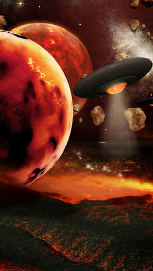 UFO在一個有發光熔岩河流和漂浮岩石的火山外星行星上方盤旋。
