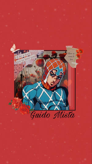 動畫角色 Guido Mista 被玫瑰和浪漫語錄環繞，背景是紅色。