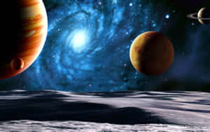 白雪覆蓋的月球表面，有巨大行星和螺旋星系在太空中 — Astroworld GIF 壁紙