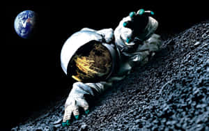 太空人在月球表面休息，地球在背景中 — 行星 壁紙