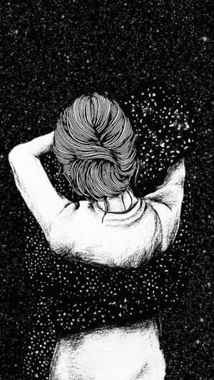一個人在繁星點點的夜空下雙手放在頭髮中的黑白線條藝術。 — 情侶 GIF 壁紙