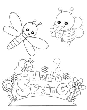 Hello Spring 問候語，帶有卡通蜜蜂、蜻蜓和花朵，供填色。