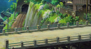 火車軌道沿瀑布而上，旁邊有橋樑和木屋作為背景。