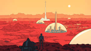 一個太空人看著火箭從紅色外星行星上的圓頂城市發射。 — 火星 GIF 壁紙