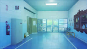 帶藍色調的學校走廊，學生們走向校長辦公室和體育館門。