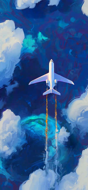 白色飛機向上飛過色彩繽紛的雲層，帶有熾熱的排氣痕跡。 — 天空景觀 壁紙