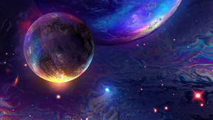 兩顆色彩繽紛的行星在佈滿星星的星雲中運行，伴有旋轉的宇宙雲。 — 行星 壁紙