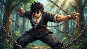 動漫戰士在森林中揮舞鎖鏈，陽光穿過樹木。 — 古勒比加 壁紙