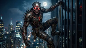 身穿暗色盔甲的惡魔般人物，眼睛發出紅光，在夜間攀爬玻璃建築。