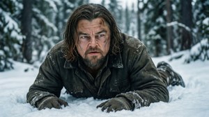 里安納度·狄卡比奧穿著骯髒的衣服在森林的雪中爬行