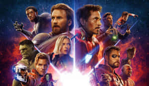 Marvel 超級英雄團隊在宇宙戰鬥場景中，伴隨著發光的能量光束。