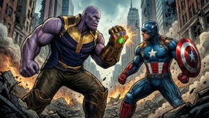 薩諾斯和美國隊長在煙霧和火焰中於毀滅的城市中交戰。 — Thanos 壁紙