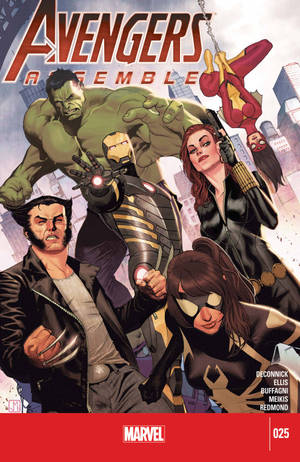 復仇者聯盟團隊包括 Hulk、Iron Man、Black Widow 和 Wolverine 擺出動作姿勢。