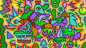 大膽多彩的抽象插圖，帶有幾何形狀和迷幻圖案。