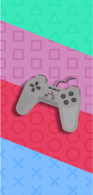 灰色 PlayStation 手掣在彩色幾何圖案背景上 — 復古 壁紙