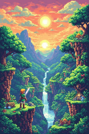 像素藝術英雄手持劍，站在懸崖上，俯瞰日落時的瀑布。