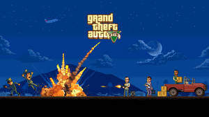 來自《Grand Theft Auto V》的夜間像素藝術場景，帶有爆炸和開火的角色。