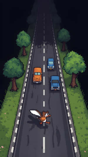 一隻像素化的鳥穿越黑暗的道路，三輛車從後面接近。 — 卡通 壁紙