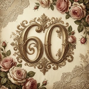 金色數字60被粉紅玫瑰和蕾絲環繞，用於60週年紀念。