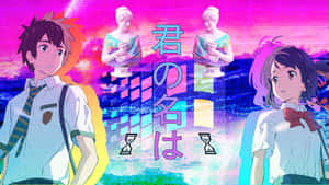 兩個穿著校服的動畫學生在故障霓虹場景中站在發光的雕像前。