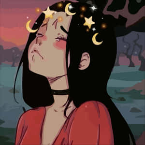 動漫女孩，頭髮上有星星和月亮，背景是暮色天空