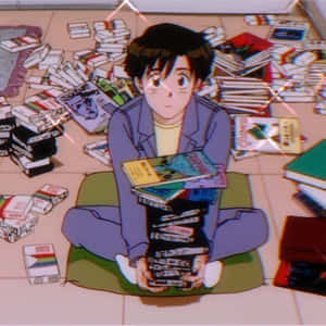 動畫男孩被書籍和卡式錄音帶包圍在瓷磚地板上，帶有發光效果。