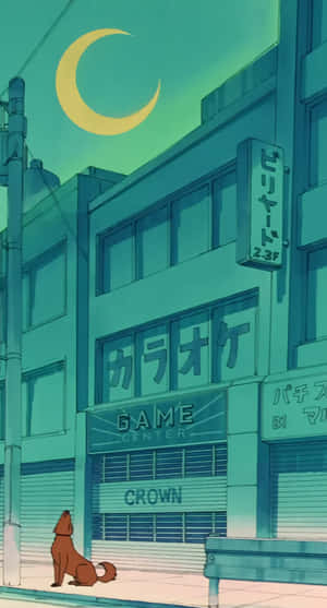 一隻棕色狗坐在城市人行道上，下方是彎月，有已關閉的遊戲中心和卡拉OK招牌。