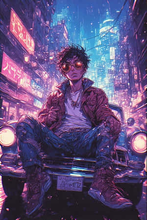 戴太陽眼鏡的年輕男子坐在經典汽車上，霓虹小巷 — iPhone 4 壁紙
