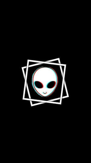 外星人頭部，大眼睛由白色正方形框住，黑色背景帶有故障效果。