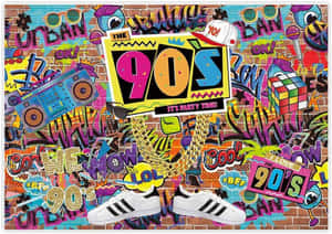 90年代復古塗鴉牆，配有手提音響、運動鞋和霓虹文字