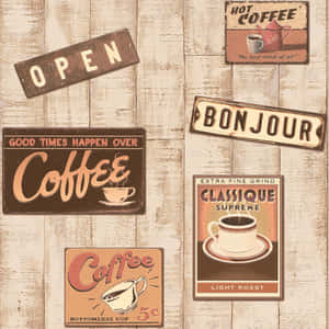木牆上的復古咖啡標誌，上面有 open 和 bonjour 等短語。 — 咖啡 壁紙